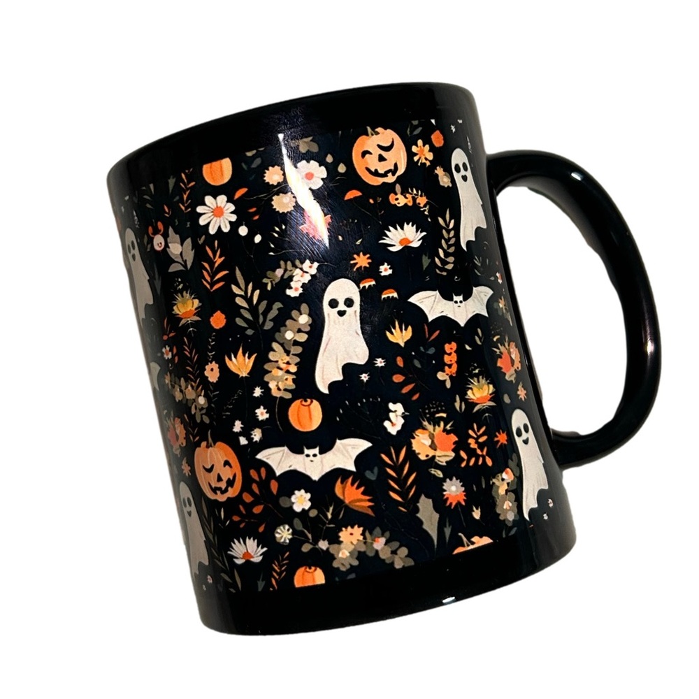 Black Halloween Mug – Ghost Pumpkin Bat Floral Fall Coffee Cup | NEW